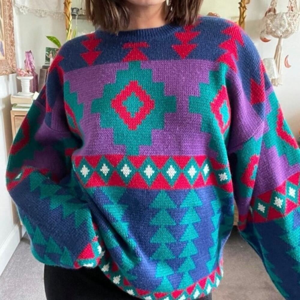 Vintage Interim Sweater Aztec Geometric Colorful 90s Knit Size Large